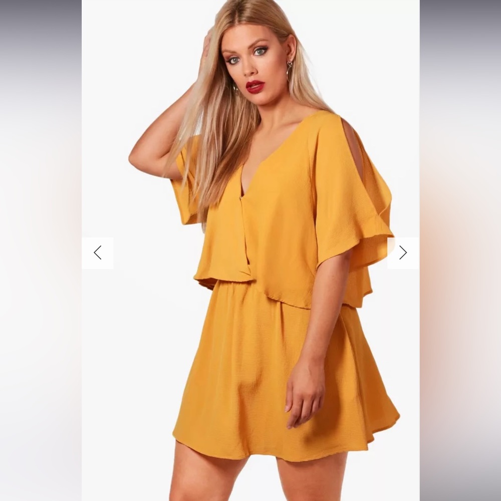 Boohoo Plus Izzy Ruffle Open Shoulder Dress: Mustard (size 18)